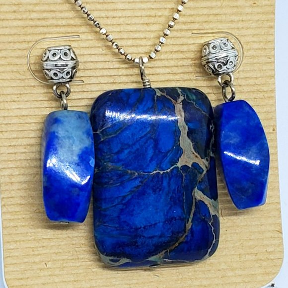 Natural Blue Jasper Stone Sterling Silver Dangle Necklace and Earrings Set - Picture 5 of 6